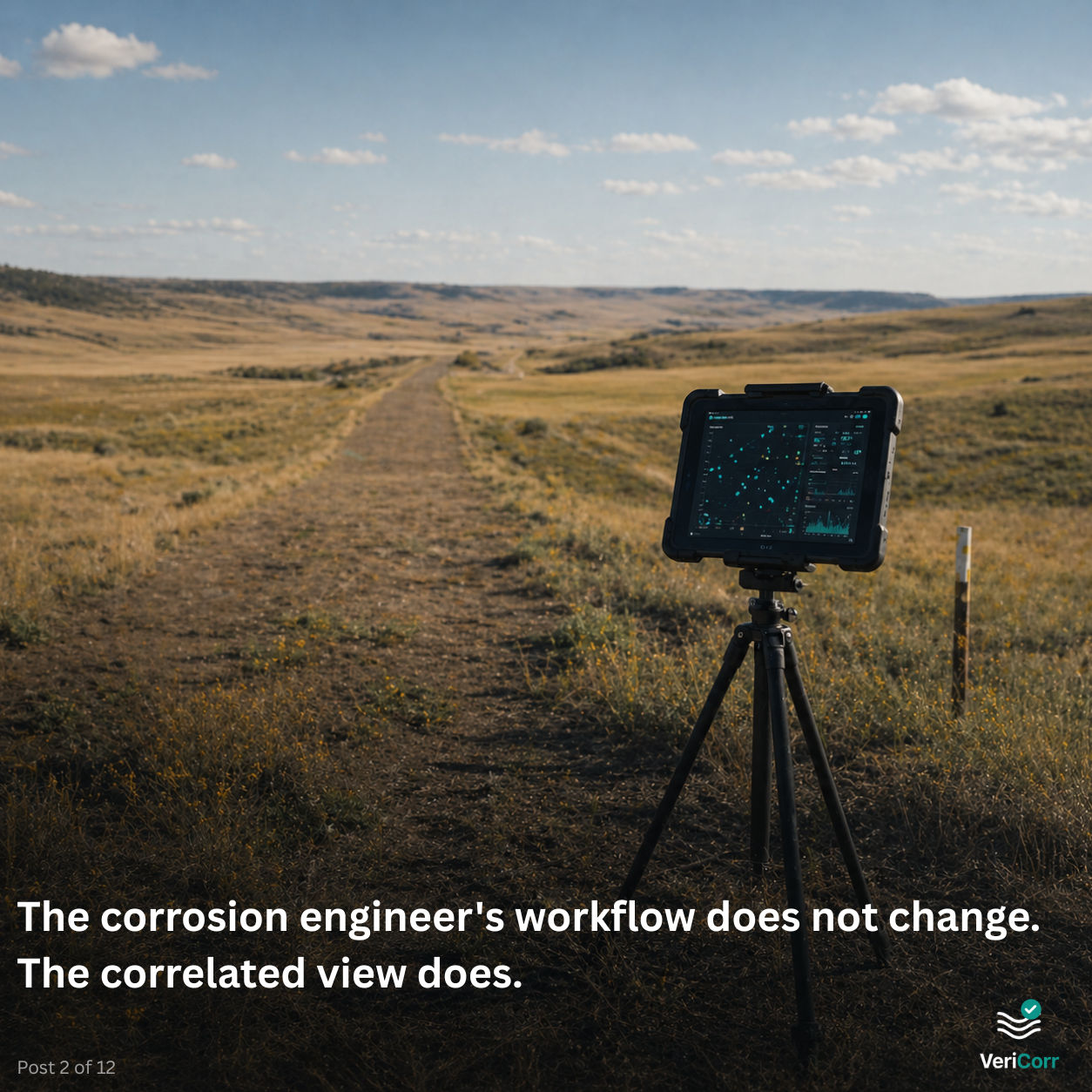 A pipeline engineer in the field with a tablet, working at a pipeline asset, with the surrounding workflow elements suggested in the background. A pipeline engineer in the field with a tablet, working at a pipeline asset, with the surrounding workflow elements suggested in the background.