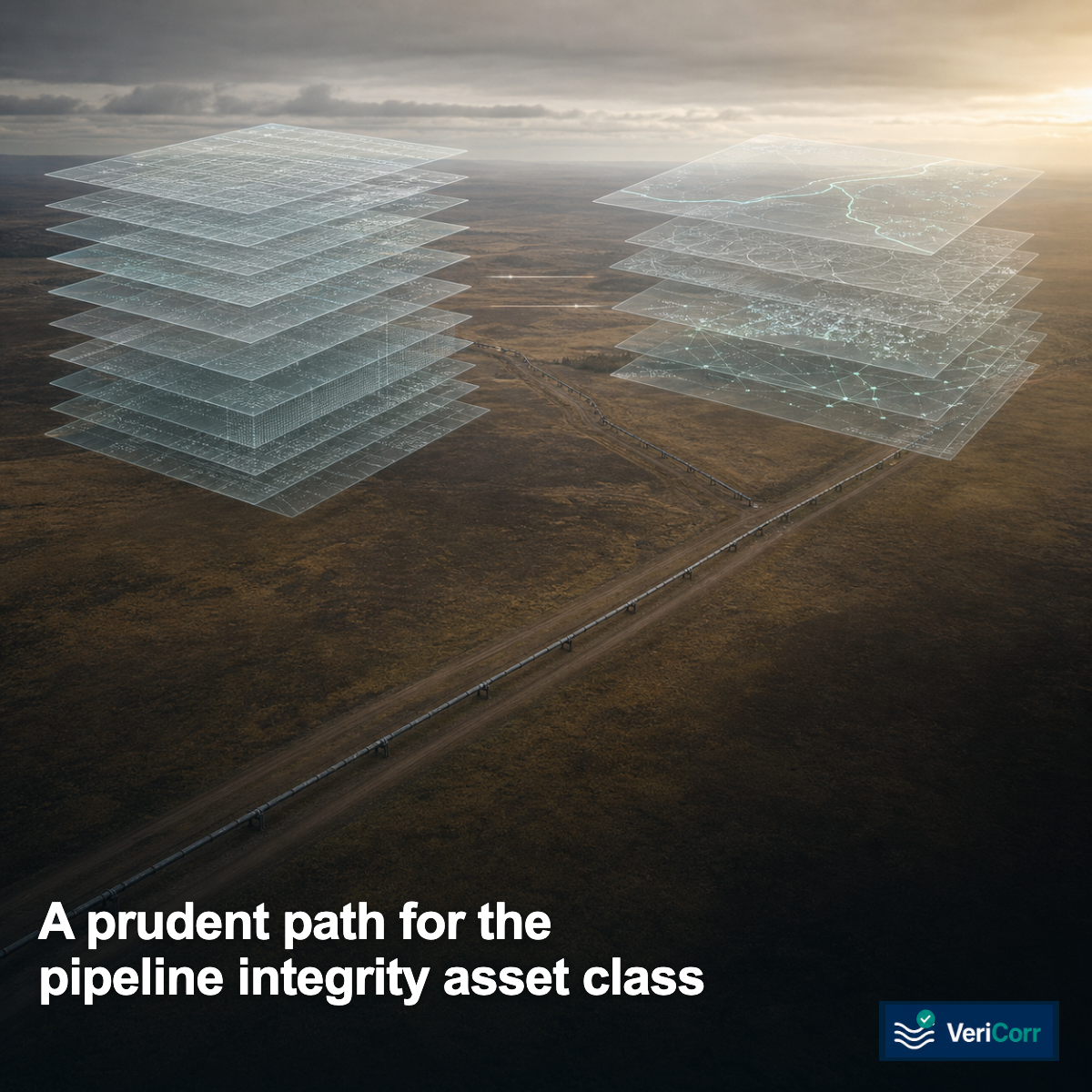 The left layer represents the enterprise asset management system with parts, labor, and procurement icons. The right layer represents VeriCorr with correlation lines connecting integrity data sources. The left layer represents the enterprise asset management system with parts, labor, and procurement icons. The right layer represents VeriCorr with correlation lines connecting integrity data sources.
