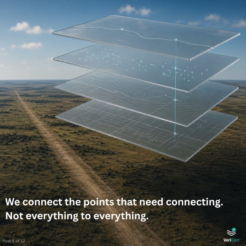 Four layered translucent planes floating above an open prairie landscape, each with a different visual pattern, with a single bright vertical line connecting specific points across the layers. Headline reads We connect the points that need connecting. Not everything to everything.