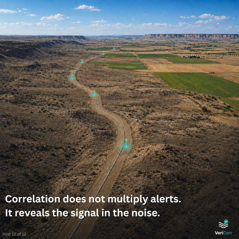Aerial view of a pipeline right-of-way through dry rangeland beside farm fields, with a few points along the line lit.
