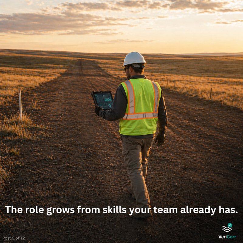 A field worker in a hard hat and yellow safety vest, walking down a dirt road at sunset, holding a ruggedized tablet showing a dashboard. Headline reads The role grows from skills your team already has.