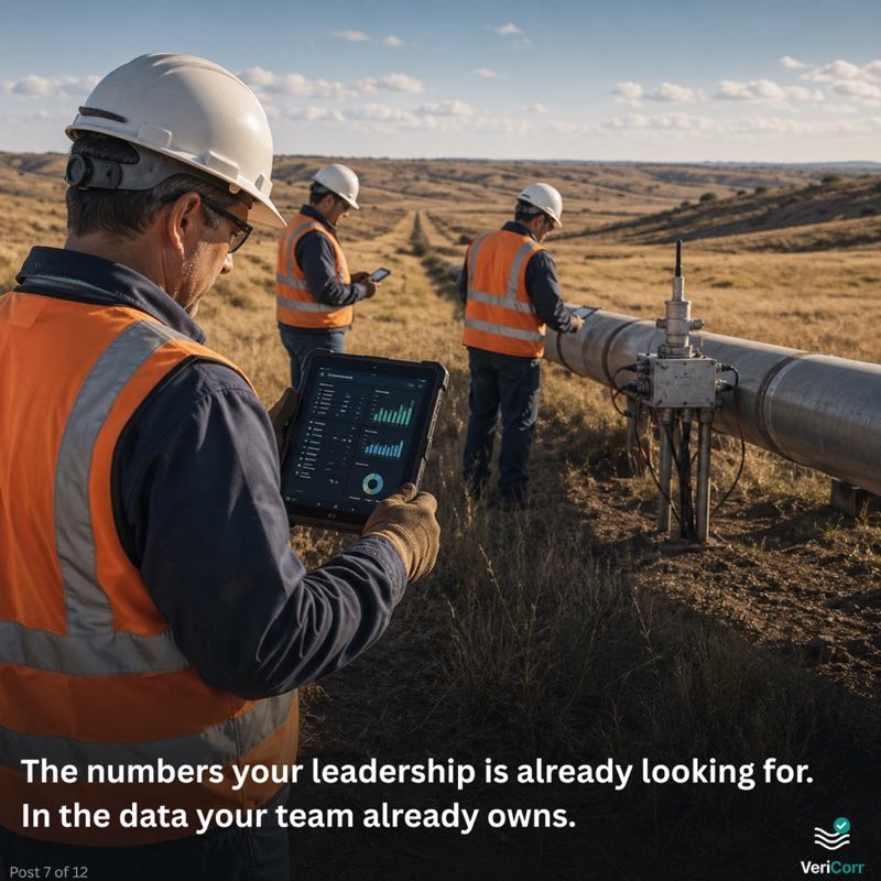 Three field workers in orange high-visibility vests at a pipeline right-of-way, with the closest worker holding a tablet showing dashboard charts and KPIs. Headline reads The numbers your leadership is already looking for. In the data your team already owns.