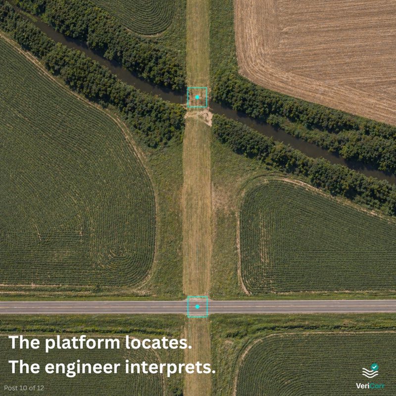 A top-down aerial view of a pipeline crossing a creek and a country road, with two cyan markers identifying specific points along the alignment. Headline reads The platform locates. The engineer interprets.