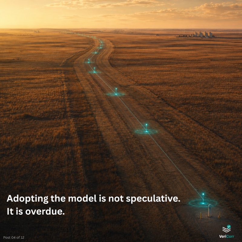 A pipeline right-of-way crossing open prairie at sunset, with a sequence of glowing cyan markers spaced along the alignment from foreground to a small industrial complex visible at the horizon. The markers indicate the underlying pipeline route and are connected by a thin trail of light. Headline reads Adopting the model is not speculative. It is overdue.