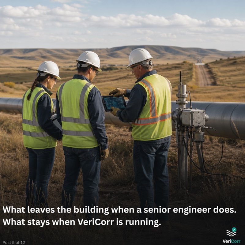 Three field workers in hard hats and safety vests at a pipeline, with a senior worker showing something on a tablet to two younger team members. Headline reads What leaves the building when a senior engineer does. What stays when VeriCorr is running.